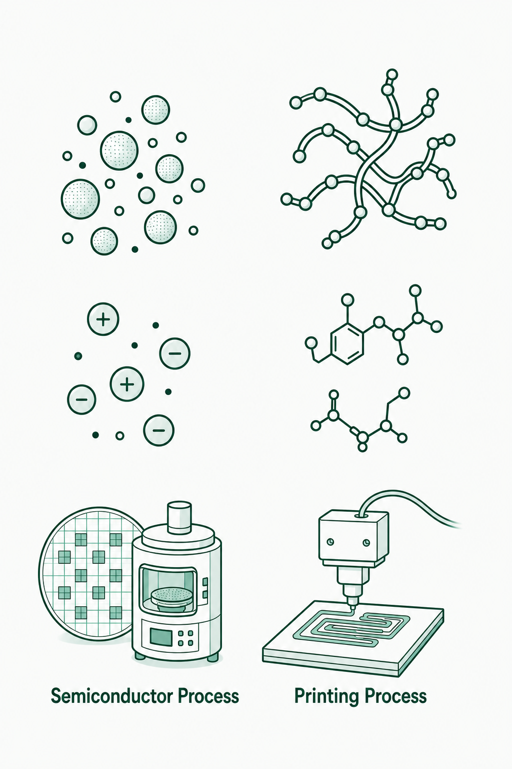 Unlabeled material icons with semiconductor and printing process illustrations